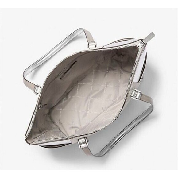 New Michael Kors Charlotte Large Signature Logo and Metallic Tote Bag Silver - Picture 3 of 3